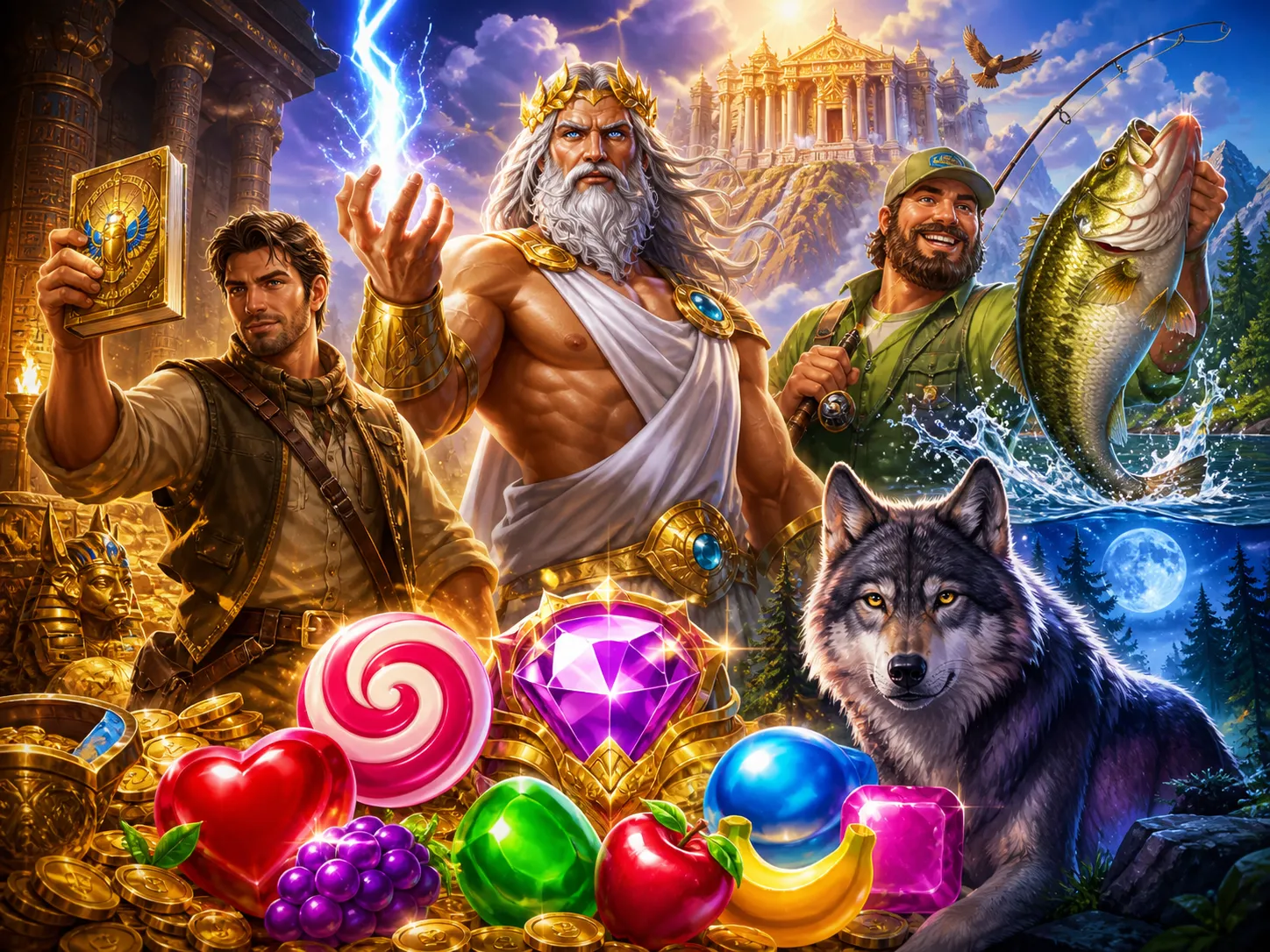 Vibrant fantasy-themed slot game artwork with mythical hero, lush landscapes, and magical creatures.