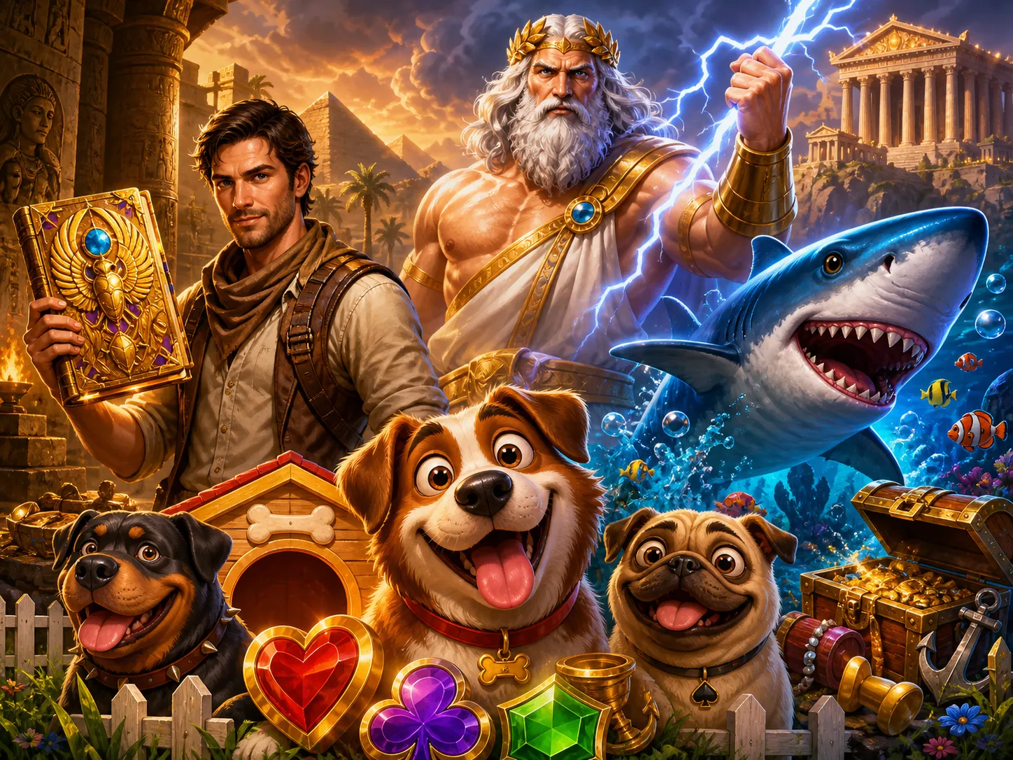 Promotional artwork featuring characters and worlds from popular slot games